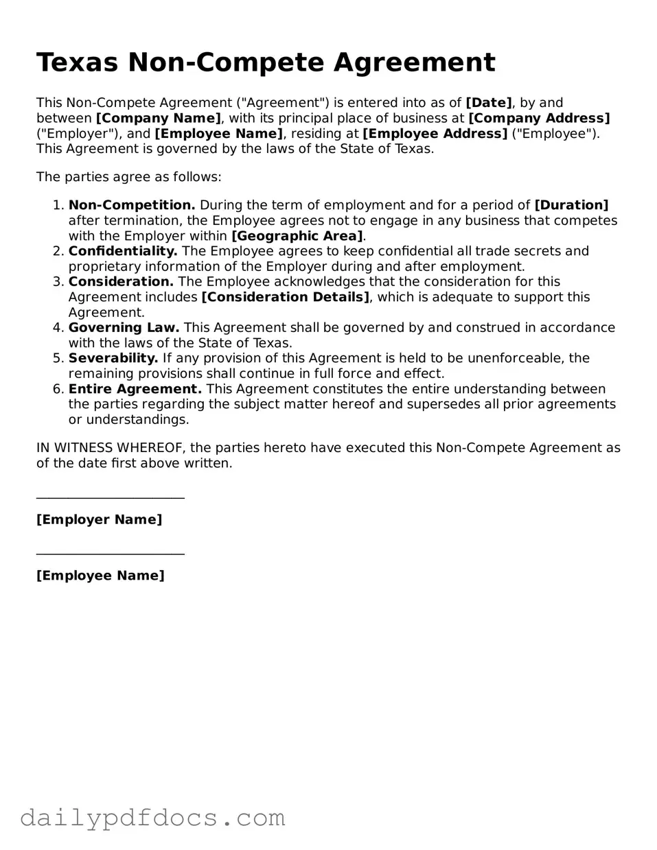 Printable  Non-compete Agreement Document for Texas