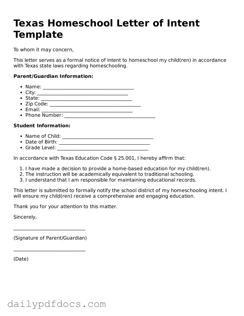 Printable  Homeschool Letter of Intent Document for Texas