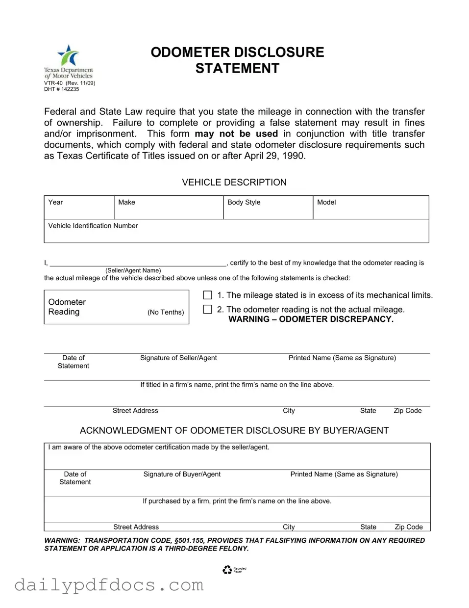 Fill Your Texas Odometer Statement Form