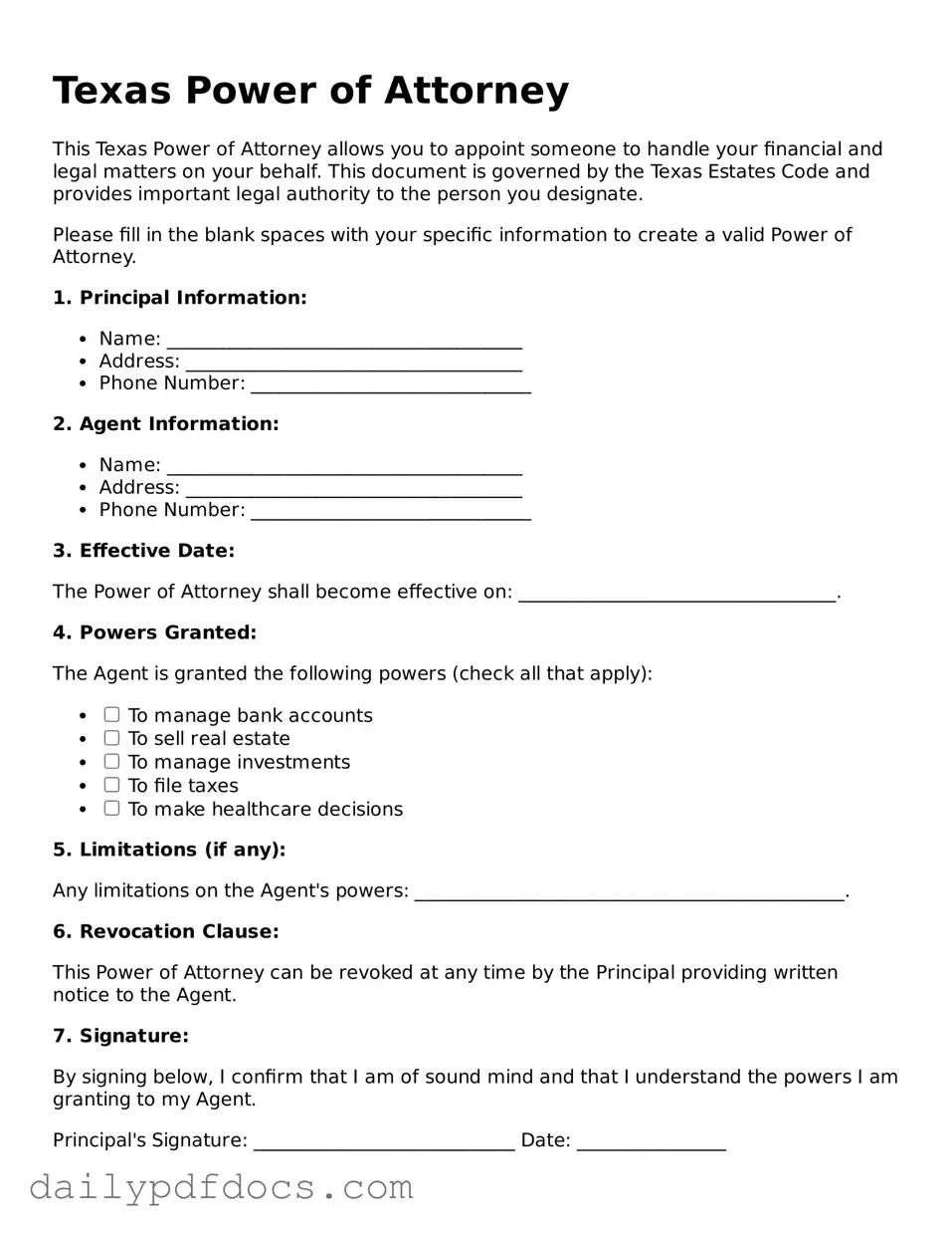 Printable  Power of Attorney Document for Texas