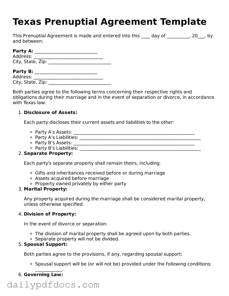 Printable  Prenuptial Agreement Document for Texas