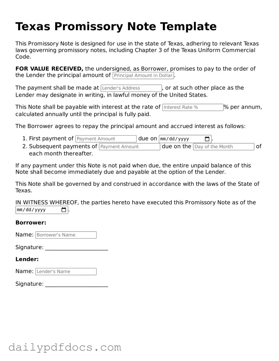 Printable  Promissory Note Document for Texas