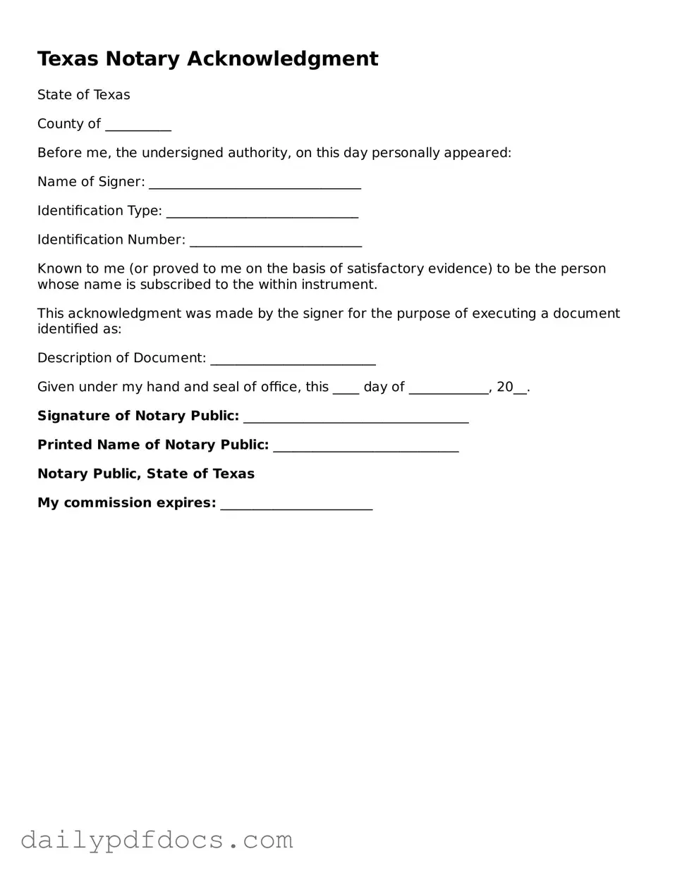 Printable Notary Acknowledgement Document for Texas