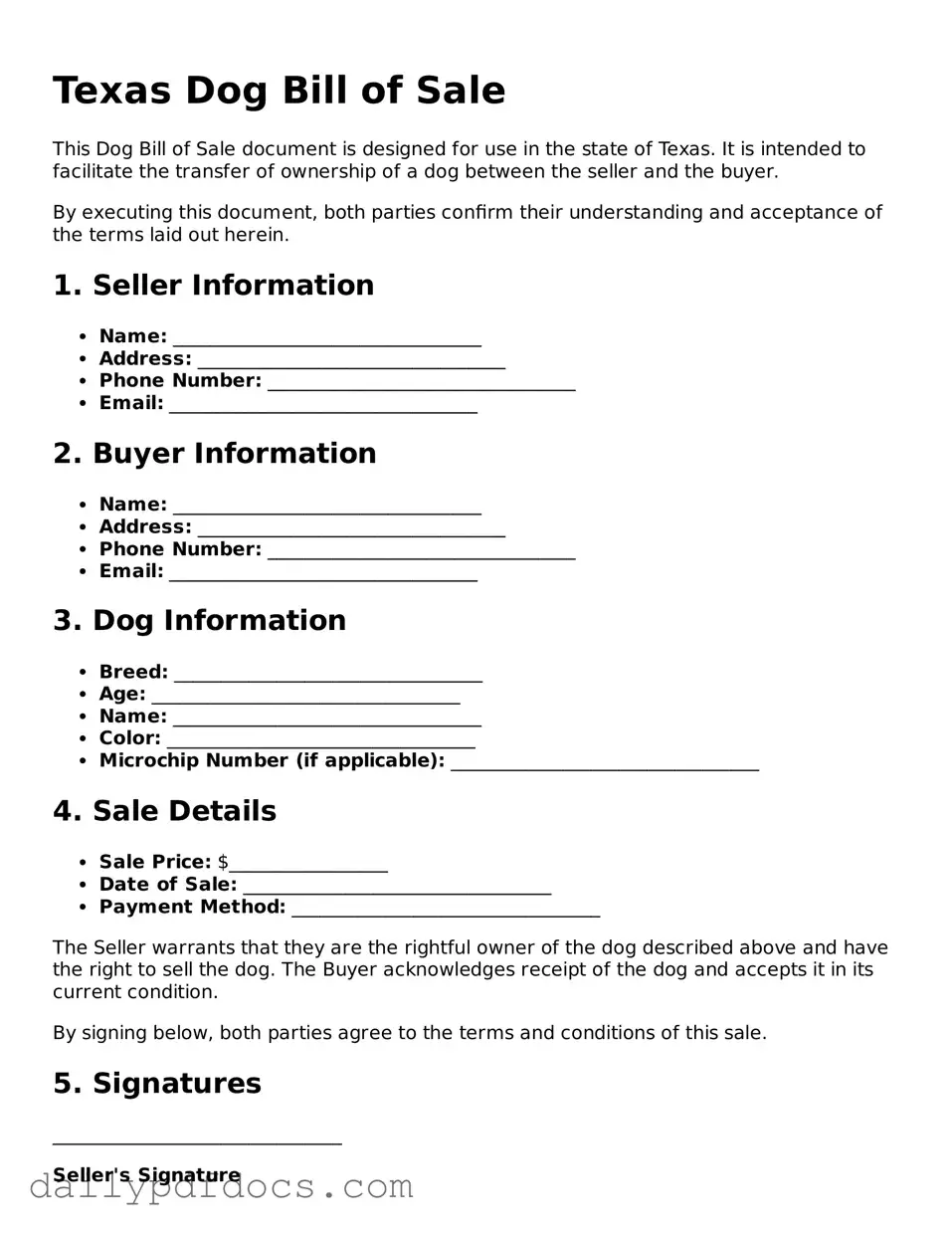 Printable  Dog Bill of Sale Document for Texas