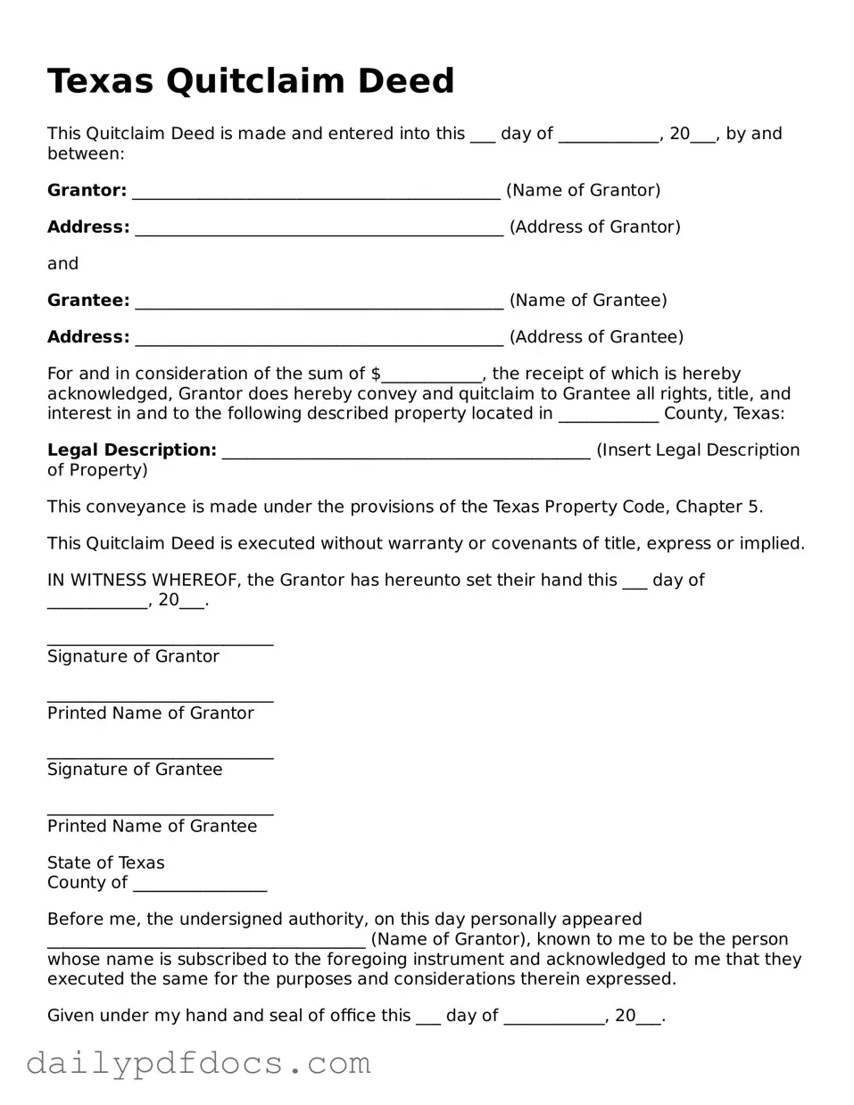 Printable  Quitclaim Deed Document for Texas