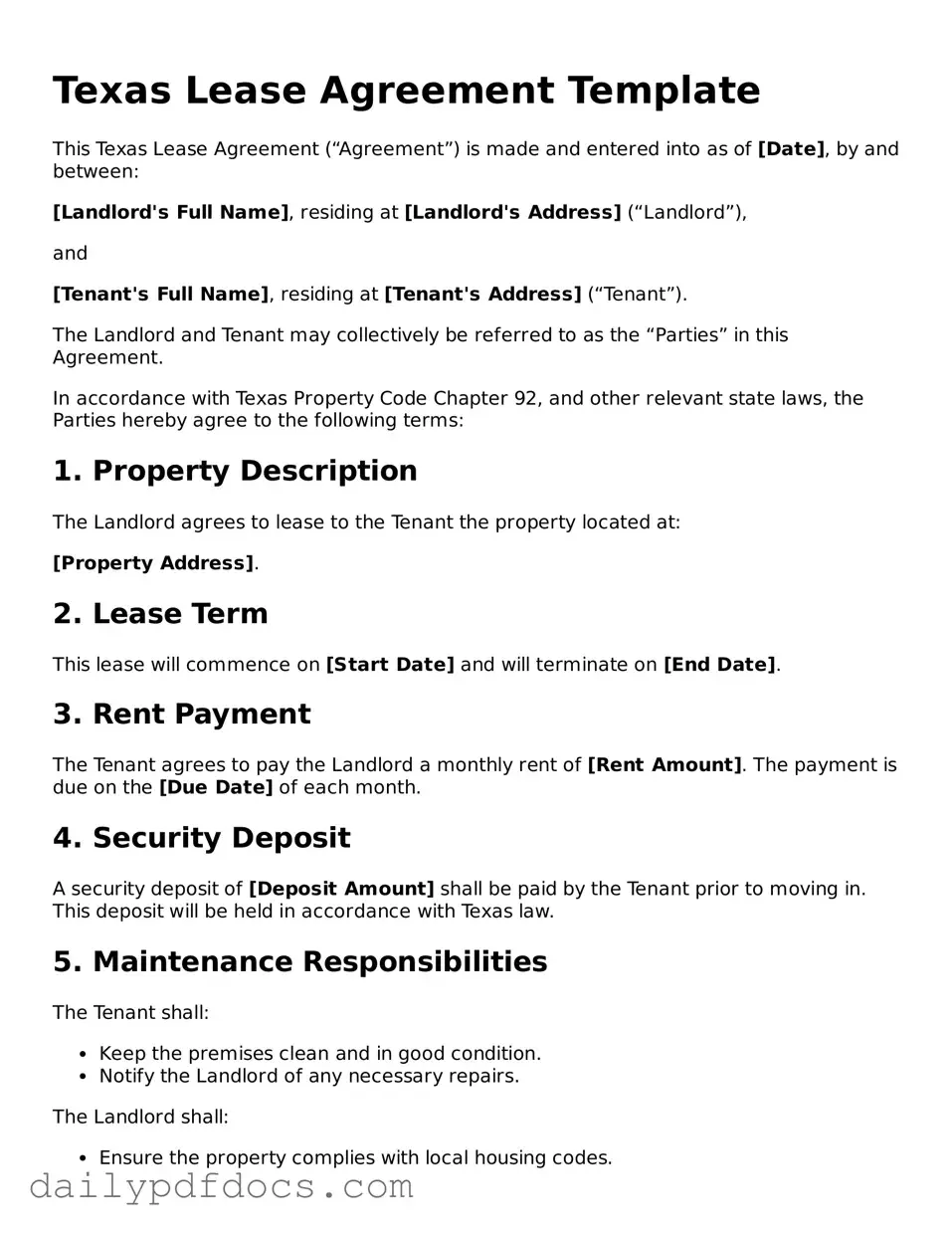 Printable  Lease Agreement Document for Texas