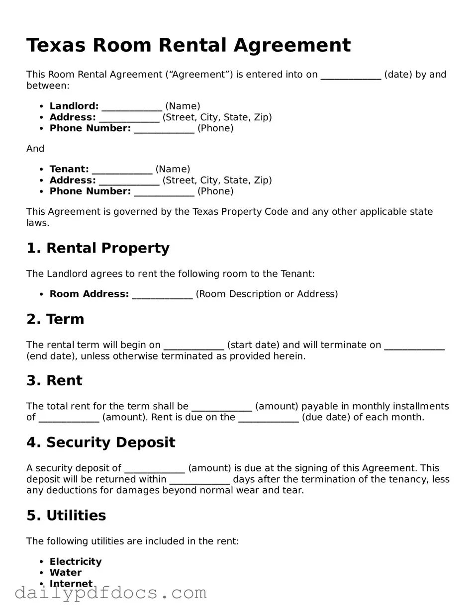 Printable  Room Rental Agreement Document for Texas