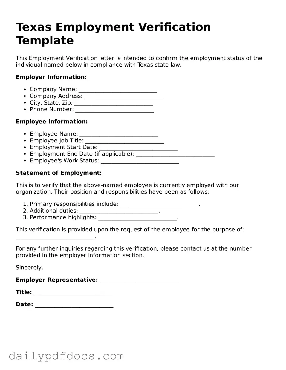 Printable  Employment Verification Document for Texas