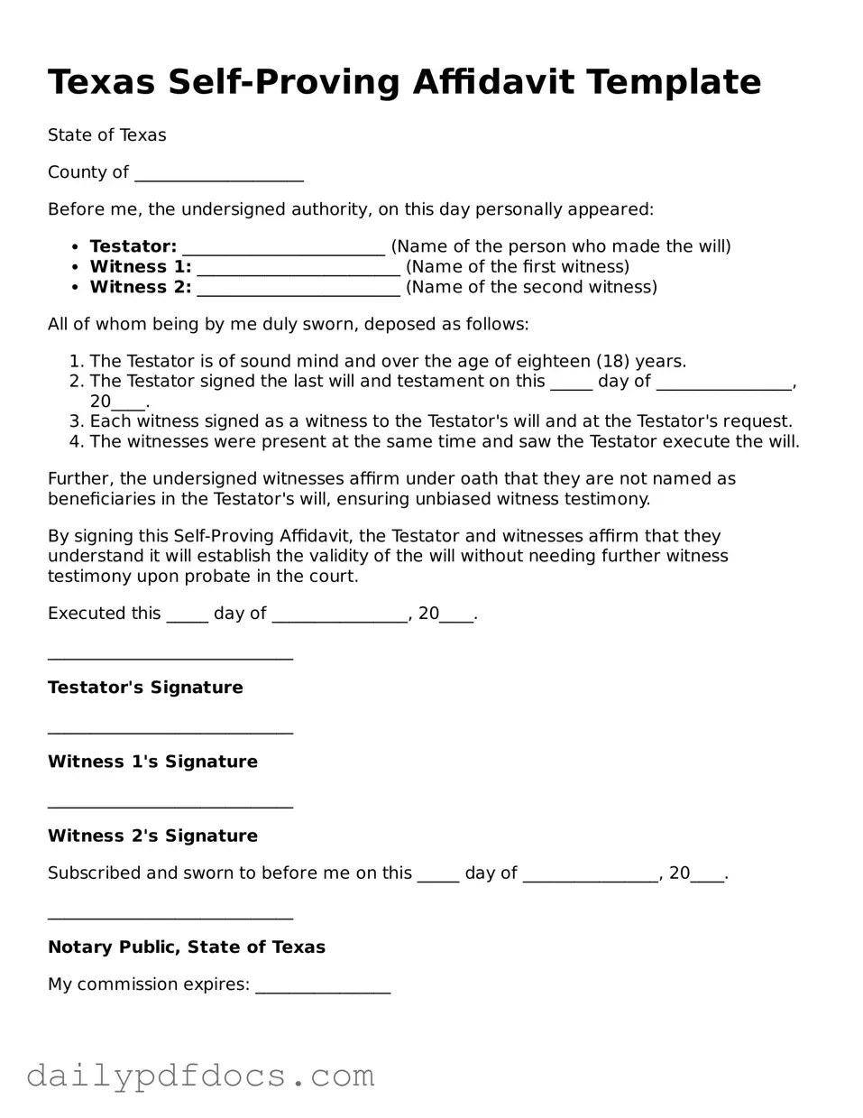 Printable  Self-Proving Affidavit Document for Texas
