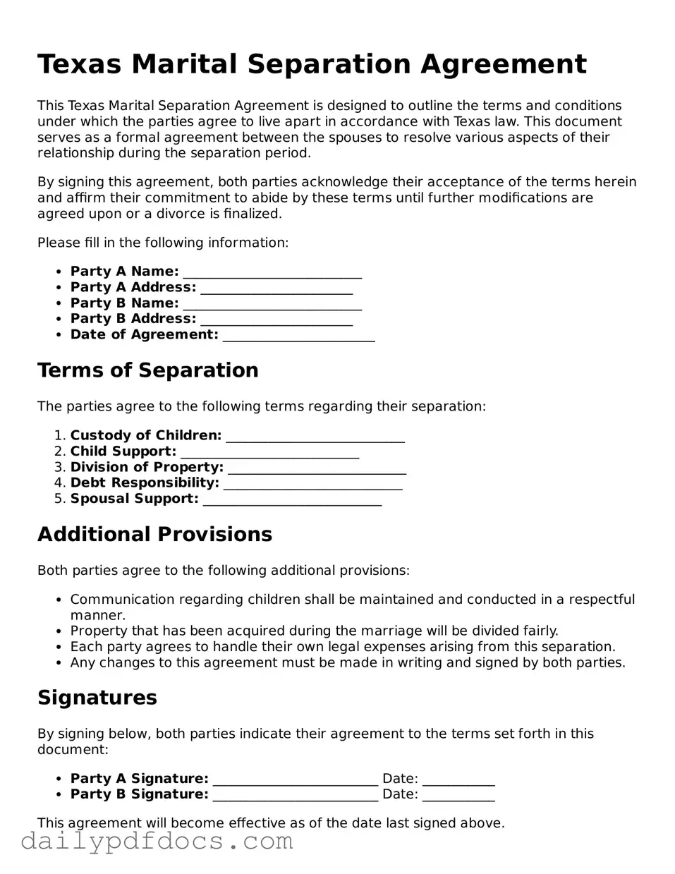 Printable  Marital Separation Agreement Document for Texas