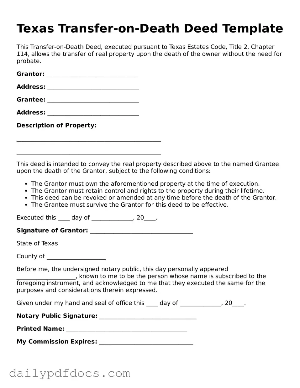 Printable  Transfer-on-Death Deed Document for Texas