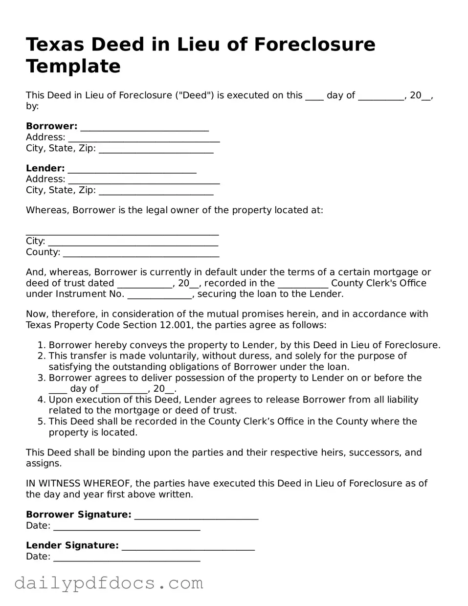 Printable  Deed in Lieu of Foreclosure Document for Texas
