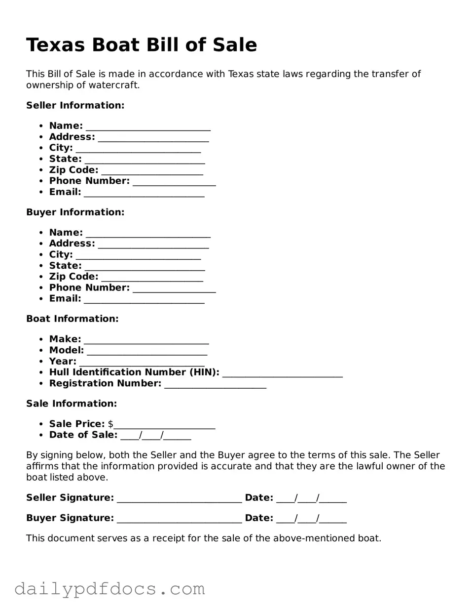 Printable  Boat Bill of Sale Document for Texas