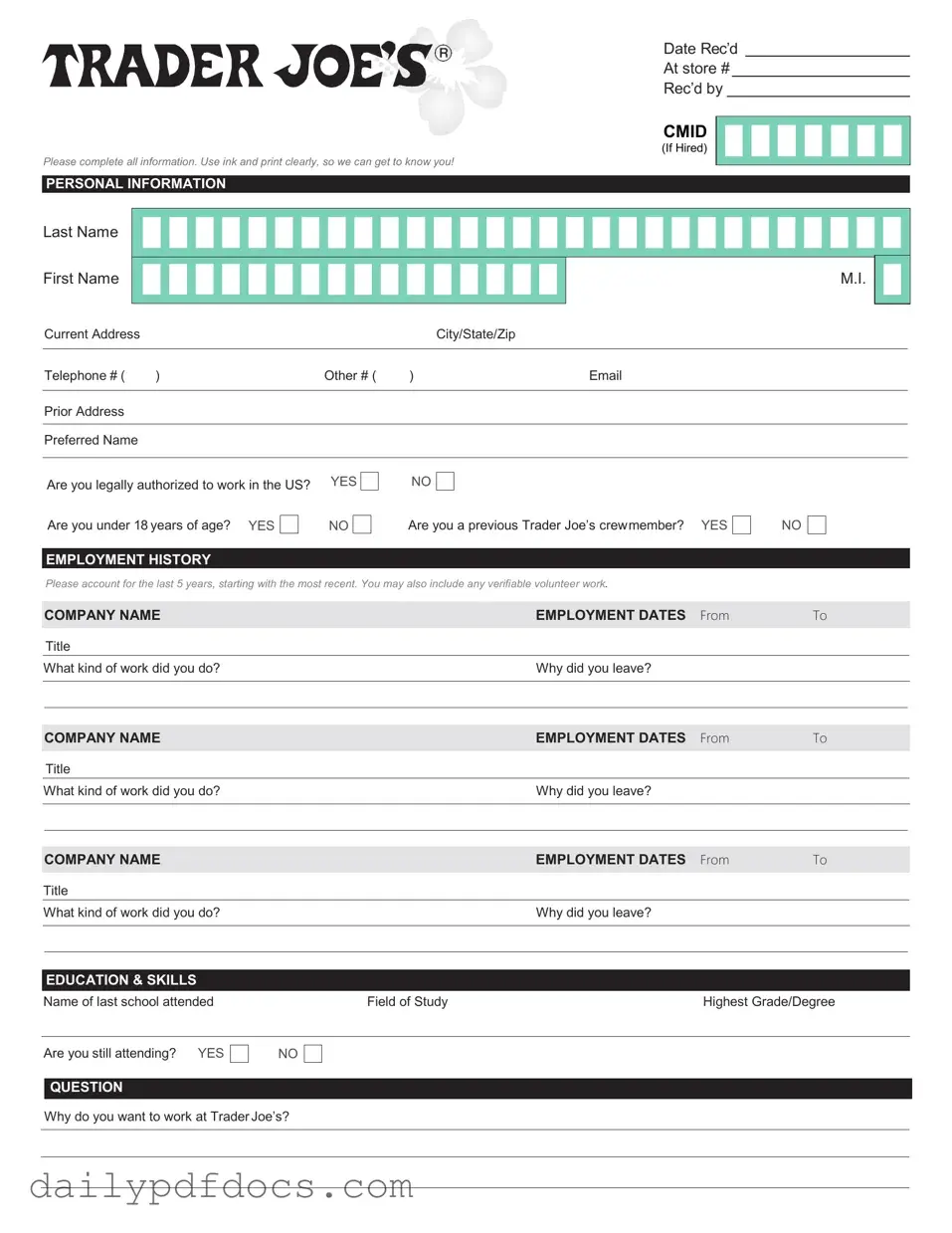 Fill Your Trader Joe's application Form