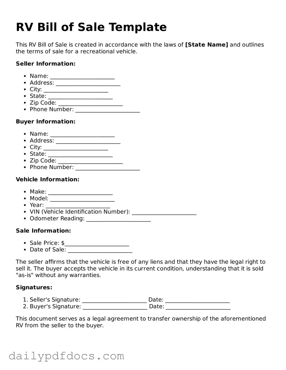 Free RV Bill of Sale Template