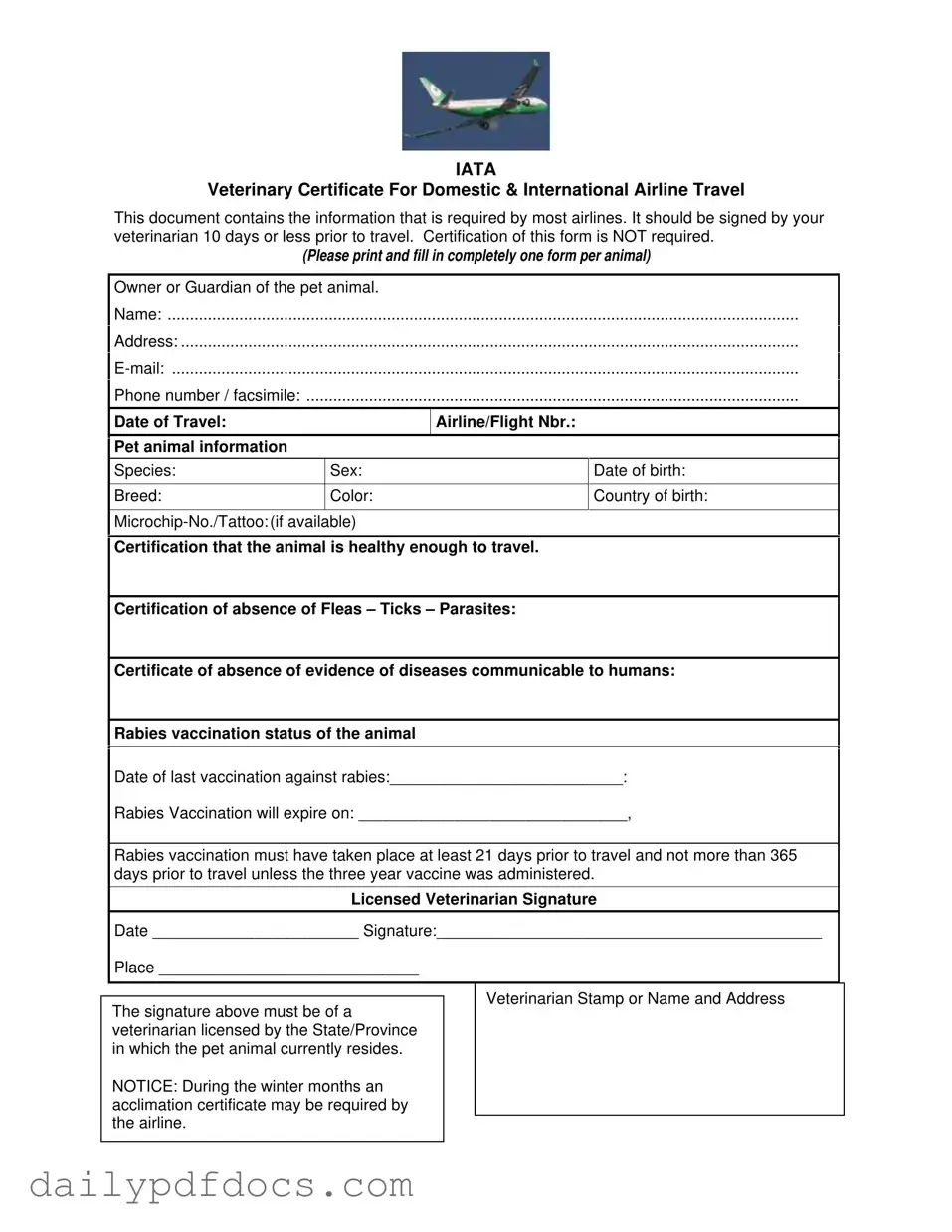Fill Your Veterinary Certificate Travel Form