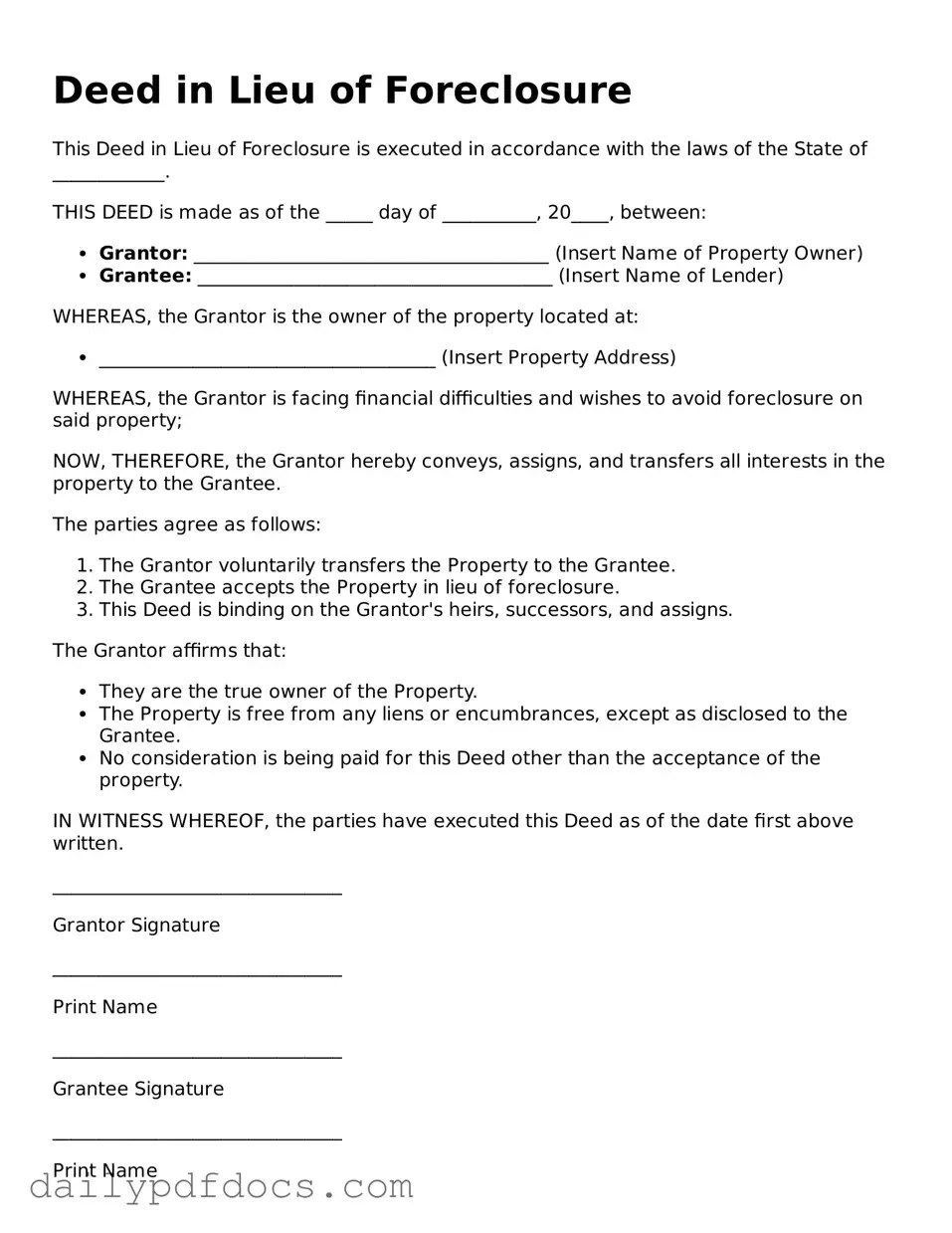 Free Deed in Lieu of Foreclosure Template