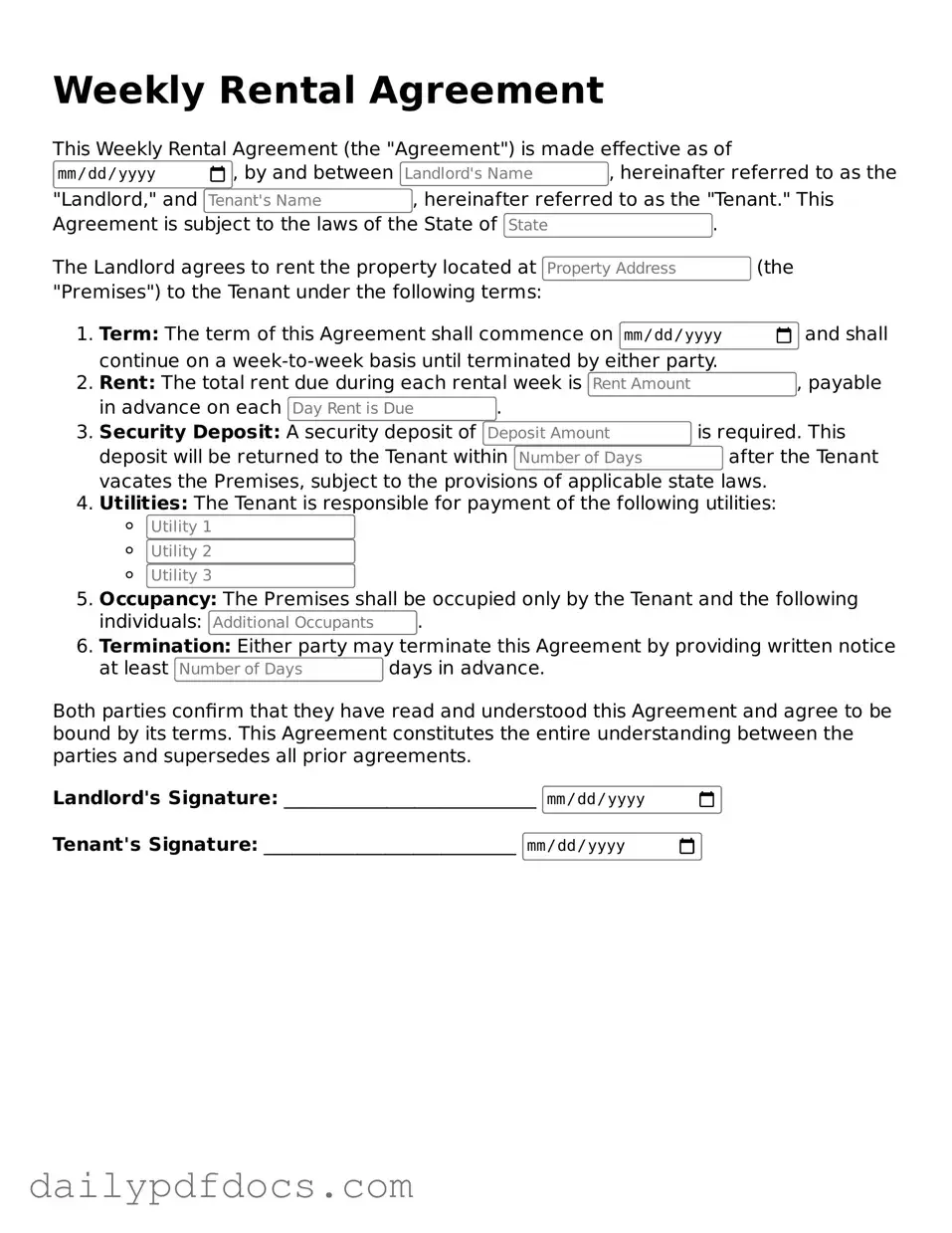 Free Weekly Rental Agreement Template